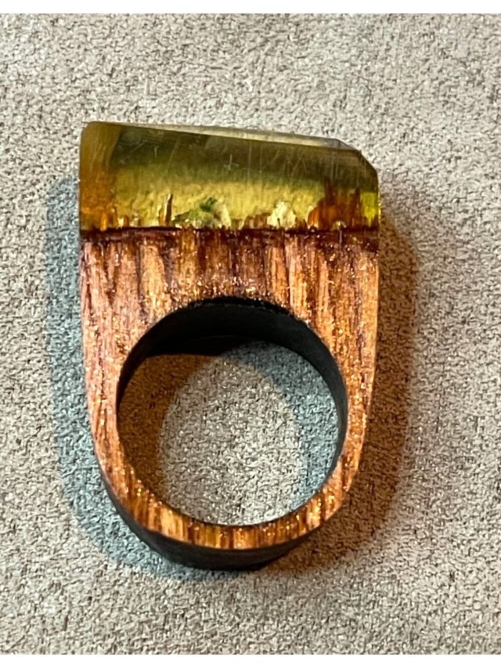 Handcrafted Natural Wood Faceted Faux Amber Epoxy Resin Ring Size 7